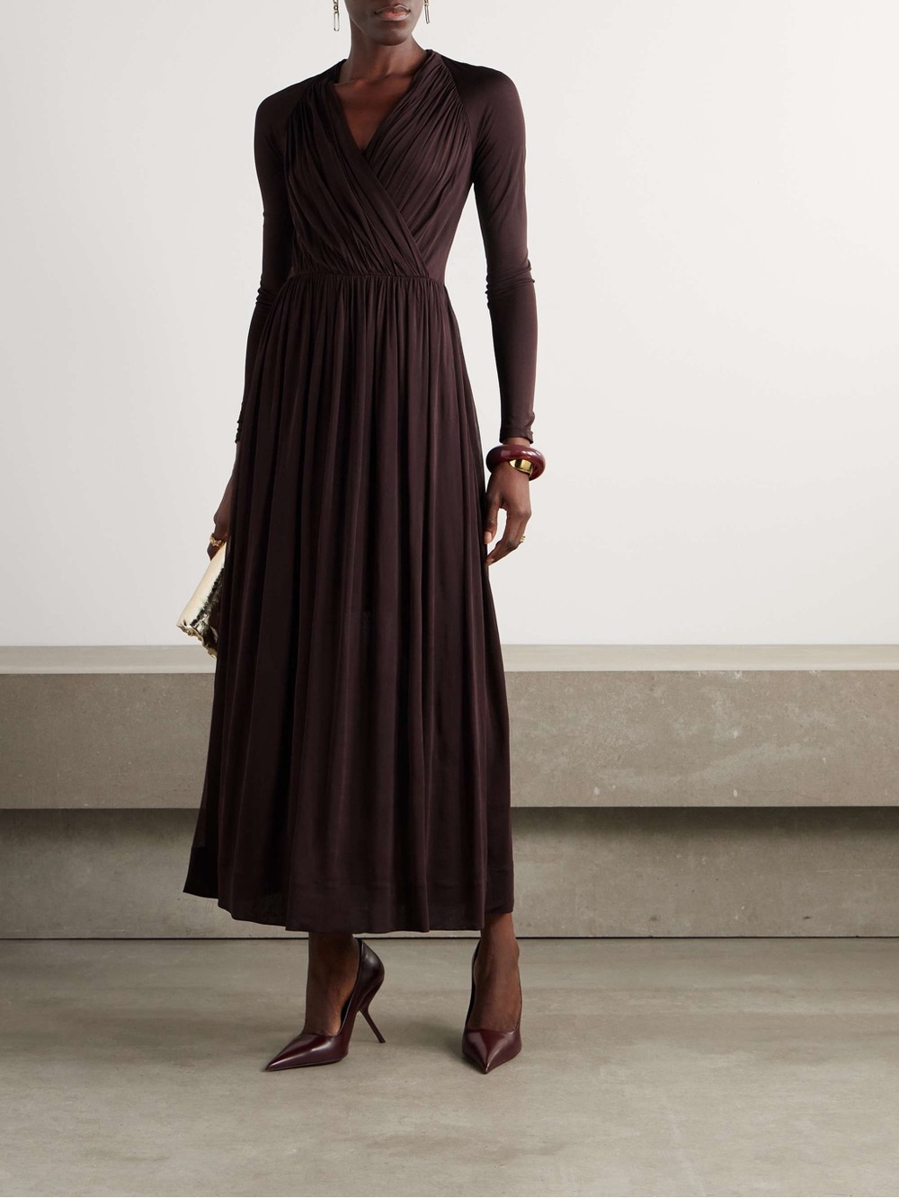 NWT $898 Tory Burch Wrap-effect Gathered Jersey Midi Dress In Brown